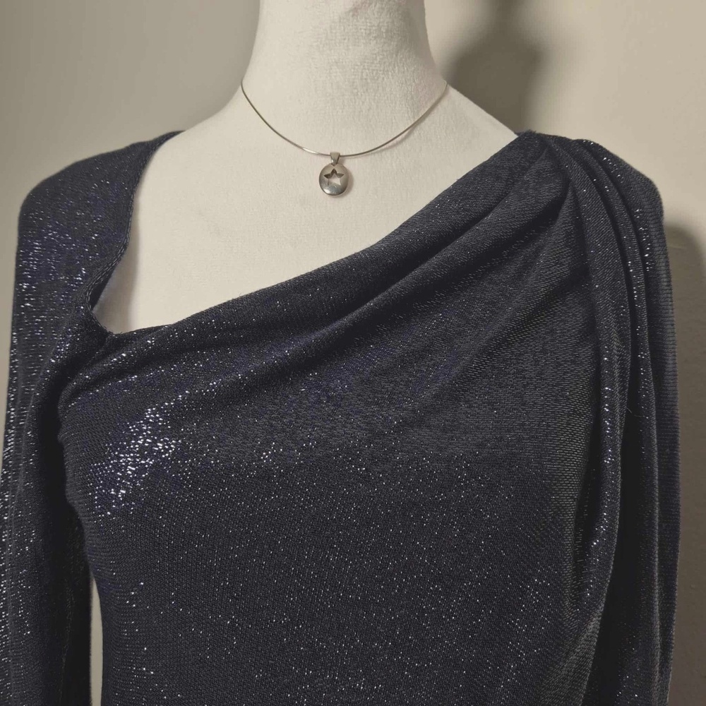 Ramy Brook Shimmering Navy Metallic Sparkly Whimsy Stargirl Chic Draped Knit Top